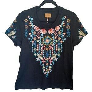 Driftwood Womens XL Black Cotton Embroidered Floral Geometric Classic Fit Tee